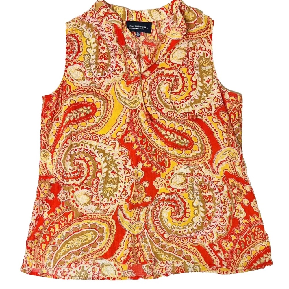 Jones New York Signature Petite PL Orange Yellow Paisley Sleeveless V-neck
